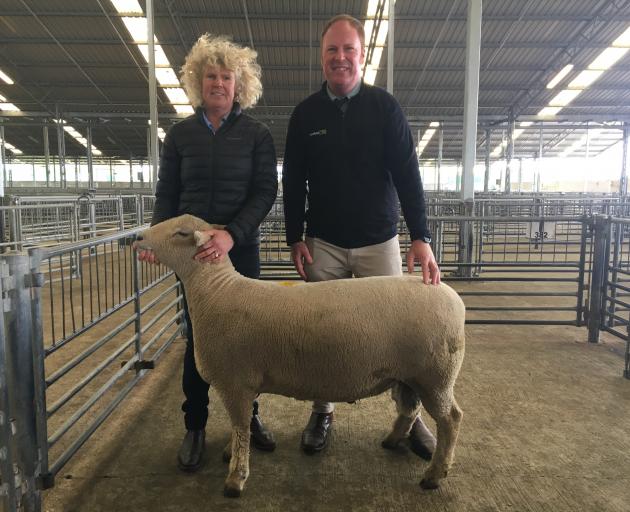 Blenheim farmer Christina Jordan (left) was thrilled to sell her Southdown ram hogget for $17,000, which set a new record for the highest price at the Canterbury A&P Association elite ram fair on Friday.