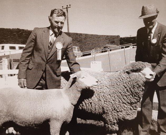 Neville Moorhead, left, with the champion Corriedale ewe and father Mac Moorhead with the champion Corriedale ram at the 1987 Ellesmere A&P Show. 